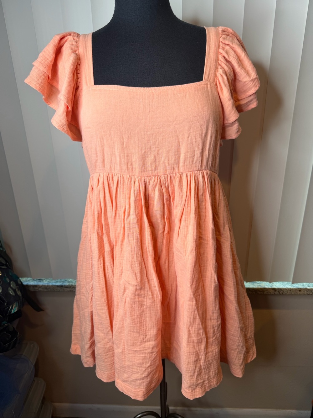 Mable Cotton Ruffle Flutter Sleeve Babydoll Mini Dress in peach/orange SZ Medium